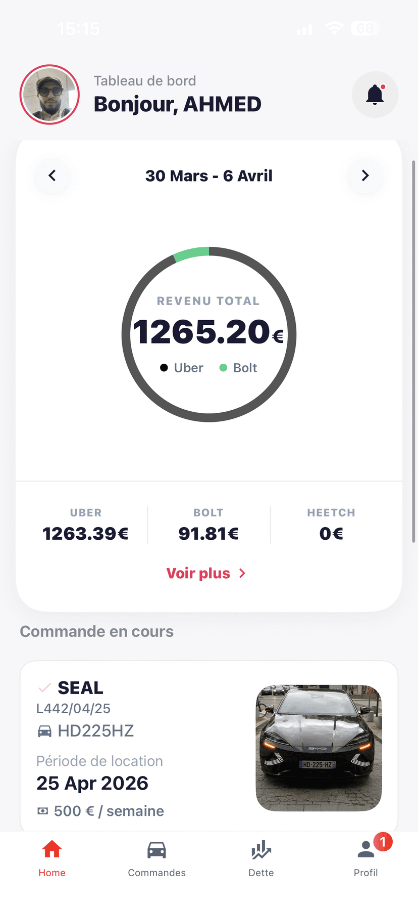 Application chauffeur VTC KRICAR — tableau de bord revenus