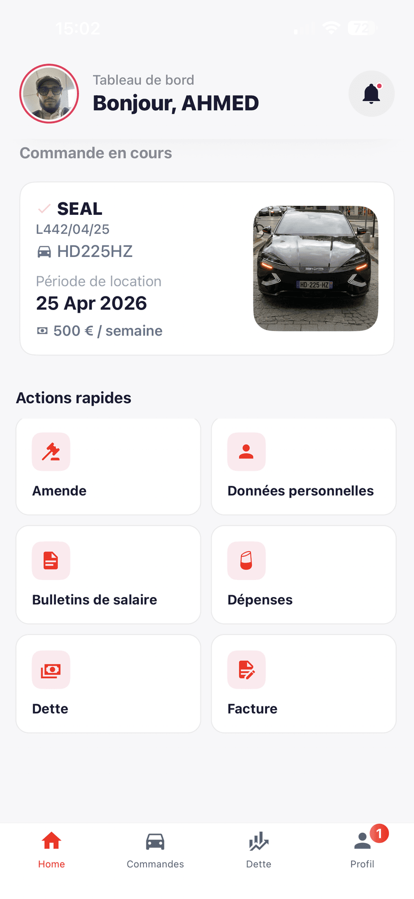 Application chauffeur VTC KRICAR — actions rapides paiement et amendes