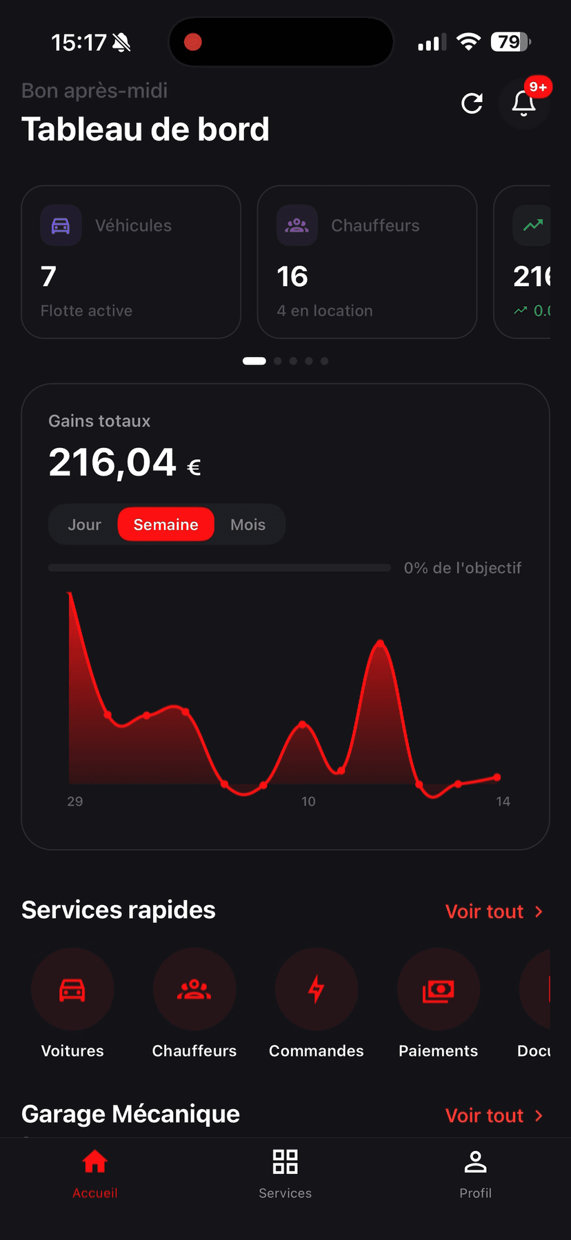 Application mobile KRICAR ERP VTC — tableau de bord gestionnaire