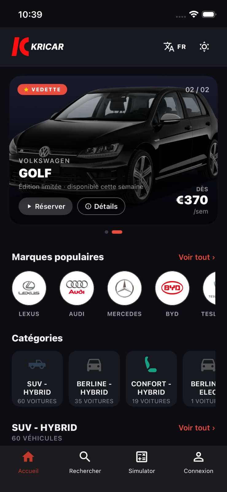 Marketplace véhicules VTC KRICAR — recherche et réservation en ligne