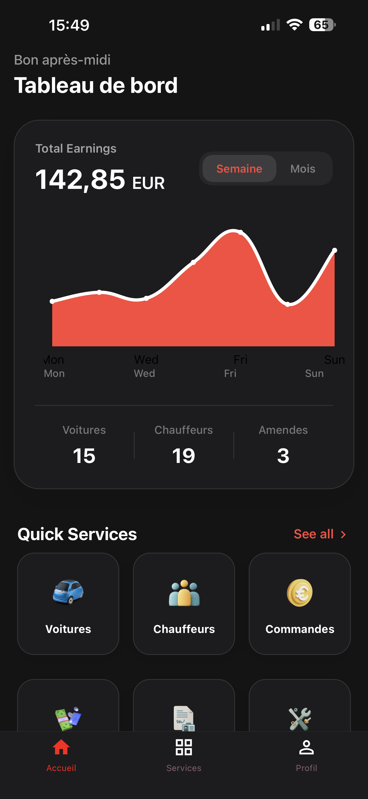 App KRICAR Tableau de bord